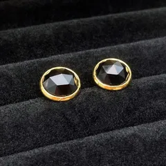 【OUTLET】ローズカットブラックオニキス　スタッドピアス 24kgp