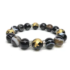 12mm 四神獣金彫オニキス×チベットアゲート（天眼石） パワーストーン ブレスレット天然石 運気上昇 金運 ギャンブル運 お守り （シルバー）メンズ・レディース　男性・女性　数珠ブレス　開運  [l]