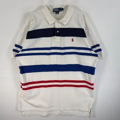 古着 90's/90年代 ポロバイラルフローレン Polo by Ralph Lauren 鹿の子 半袖 ポロシャツ ボーダー ロゴ 刺繍 大きいサイズ XL  ホワイト系 マルチカラー メンズ