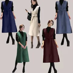 ジャンパースカート 秋冬春 40代 50代 60代 ロング 30代 レディース ワンピース 体型カバー ノースリーブ Vネック ベルト付き ファッション ゆったり 暖かい