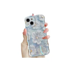 QLTYPRI iPhone 12ケースTPUカバー おしゃれ 韓国 可愛い 花柄 ウェーブ 薄型 軽量 耐衝撃 スマホケース ワイヤレス充電対応 ストラップホール付き アイフォン12 ケース 6.1インチ 対応 - ライトブルー 0