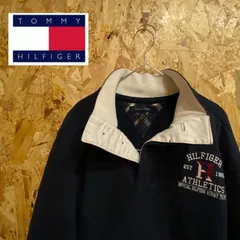 TOMMY HILFIGER ネイビー　メンズトレーナー　スウェット　ボタン　ハーフジップ　Msize  ワンポイントロゴ　スクールスタイル