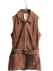 【お得なクーポン配布中!】 00s OLD GAP 本革  スウェード ロング ベスト レディース L / 古着 ギャップ フルジップ ベルト付き 重ね着 ノースリーブ 牛革 ブラウン 茶
