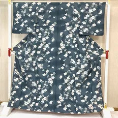 ［きものキレイ］小紋（袷）ブルーグレー　花柄　身丈157.5cm　裄丈66.5cm　ポリエステル　リユース　　Ｐ010