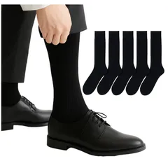 [Toré] 【トレ】 靴下 メンズ ビジネスソックス 綿 厚手 耐久性 紳士 5足セット 24-28cm 消臭 抗菌 快適 通気性 速乾 臭わない 春 夏 秋 冬 年中 リブ 無地 クルー クルー丈 黒 ブラック