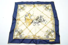 【送料無料】Christian Dior クリスチャンディオール ハンカチ 馬車柄 ネイビー×ゴールド　ヴィンテージ