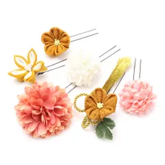 髪飾り 成人式 つまみ細工 振袖 前撮り 袴 浴衣 夏祭り 花火大会 6点セット ピンク からし色 房付き かんざし 和柄 ちりめん No.9-4000