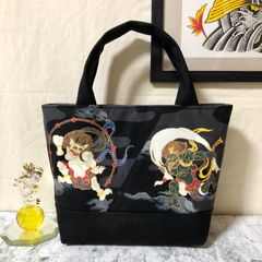 和柄ミニトートバッグ 風神雷神 ブラック Dカン付き ハンドメイド メンズ レディース ストリート ハンドバッグ
