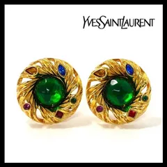 Y【YVES SAINT LAURENT】カラーストーン イヤリング グリーン/緑 ゴールド/金カラー ラウンド  ヴィンテージ YSL/イヴサンローラン (46167HS4a)