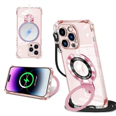iPhone 14 Pro 用 ケース クリア MagSafe対応 リング付き ネック ショルダー アイフォン14プロ 縄掛けケース 透明 肩掛け 斜めかけ 韓国 可愛い 縄掛け カバー 丸型スタンド付き マグネット搭載 縦横両対応 耐衝撃 ワイヤレス充電 1