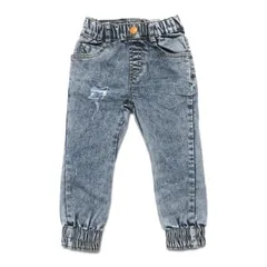 韓国子供服 ケミカルデザインデニムジョガーパンツ ウエストゴム ジーンズ キッズボトムス ブルー