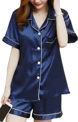 L_プンブルー [アスペルシオ] ルームウェア 半袖 短パン 上下セット 可愛い パジャマ レディース 襟付き とろみ セットアップ シャツ ポケット ゴム入り 半ズボン ズボン ずぼん ショーパン パンツ ショートパンツ 上下 セット 前開き 前あき ボタン