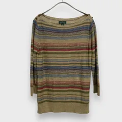 ☆タグ付き未使用品☆LAUREN RALPH LAUREN☆ラルフローレン☆ボートネックネイティブラグ柄リネンニット☆ボーダー☆七分袖☆ベージュ☆レディースＬ☆K24M