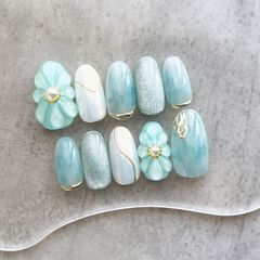 サイズオーダー NO.20 ネイルチップ 水色 フラワー 立体
