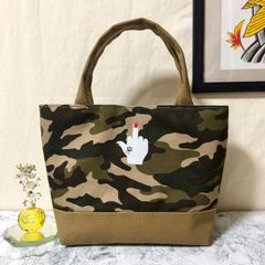 中指ミニトートバッグ ベージュ&カーキ 迷彩 カモ ハンドメイド メンズ レディース ハンドバッグ ストリート