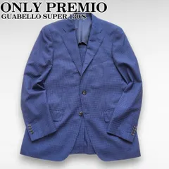 【伊グアベロ社の艶/美品】ONLY PREMIO オンリープレミオ SUPER130'S ジャケット Lスリム 青 メンズ 春夏秋 チェック ウール100%　背抜き　サマージャケット