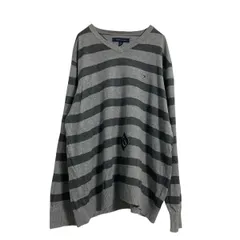 TOMMY HILFIGER コットンニット セーター L グレー ダークグレー ボーダー Ｖネック ワンポイントロゴ 古着卸 アメリカ仕入 a612-5472