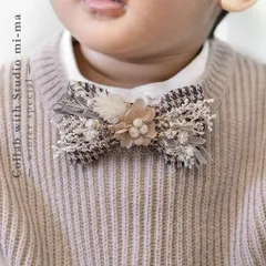 【冬季限定】3way ドライフラワー ベビー蝶ネクタイ 07 / 千鳥格子リボン×アイボリー フラワーヘアアクセサリー ヘアクリップ / ハンドメイド キッズ蝶ネクタイ / フラワーブローチ コサージュ 髪飾り / 浴衣 七五三 着物 被布飾り 帯飾り