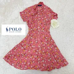 ポロラルフローレン●極美品●シフォンボウタイフレアワンピース 総花柄 M ピンク