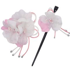 【人気商品】鎌倉工芸 [カマクラクラフト] 和装 髪飾り ヘアクリップ と かんざし 2点セット | うす縮緬 ラメ フラワー ピンク