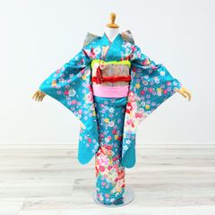 七五三 女の子 7歳 四つ身 着物 帯 フルセット 絞り柄 黒 赤 BY9-1 七五三 女の子 7歳 四つ身 着物 帯 フルセット 絞り柄 黒 赤 BY9
