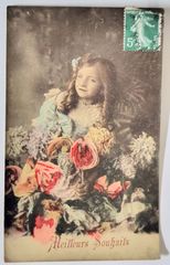 フランスアンティークポストカード　マヌエル作品 マヌエル作 微笑みと花の詩 2 少女 フランス ヴィンテージ