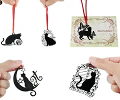 しおり 栞 黒猫 かわいい ネコ ステンレス 金属 本 読書 アート ブックマーカー ブラック キャット シルエット ブックマーク (Black Cat 4枚セット)-1(上