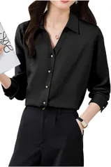 neccote(ネコート) シャツ レディース ブラウス マットサテン Vネック フォーマル オフィスカジュアル ビジューボタン 長袖(ブラック,  XL)