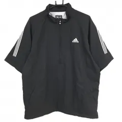 【超美品】アディダス 半袖ブルゾン 黒×白 ハーフジップ 3ライン ロゴ刺しゅう 裾ドローコード 裏地付 メンズ O/XG ゴルフウェア adidas