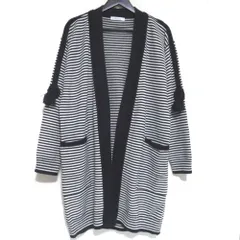 美品 Max Mara マックスマーラ オープンフロント ボーダー柄 タッセル ニット ロングカーディガン Mサイズ ネイビー×ホワイト レディース 古着 中古 USED