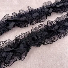【輸入レース】リボン付きフリルレース　ブラック/ブラック