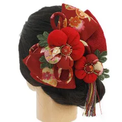 髪飾り リボン 卒業式 袴 成人式 つまみ細工 赤 振袖 前撮り 花 2点セット 梅 房つき かんざし ちりめん 古典 レトロ ヘッドド No.9-3930