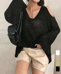 サマーニット 薄手長袖 Vネック 肩出し