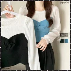 ニットトップス シフォン パフスリーブショット丈トップス 袖シフォン ラウンドネック 切り替え ブラウス 異素材 長袖リブニット 着やせ 透け感 かわいい プルオーバー 秋冬