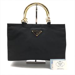 美品 PRADA プラダ ナイロン テスート 三角ロゴ プレート ゴールド ハンドル ハンド バッグ ブラック レディース r41