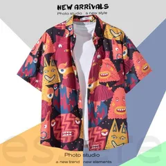 アロハシャツ メンズ 半袖シャツ トップス カーディガン リラックス ゆったり 5つのサイズが選択可 M-4Lサイズ 夏 ビーチ アニメ風 レッド