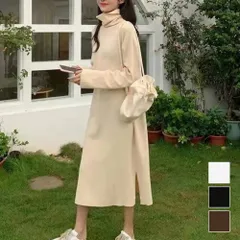 ハイネックインナーワンピース レディース 10代 20代 30代 韓国ファッション カジュアル 可愛い スリット 長袖 ミモレ丈 無地 春 秋 冬