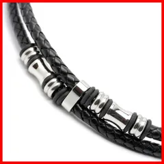 [シルバーワン] ge メタルビーズ 2連 レザー チョーカー 黒 スライドロック式［幅16mm 45cm 50cm］メンズ ステンレス 編み込み ブラック ネックレス