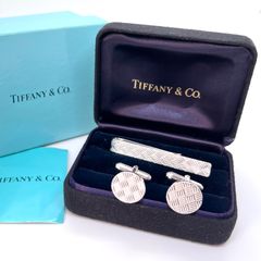 美品★ Tiffany & Co. ティファニー ネクタイピン   カフス シルバー 925 バスケット柄 カフリンクス ストライプ サークル 格子 箱ケース付き