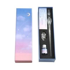 新品 未使用 ガラスペン 月影の空 ペン置き付き セット ブルー パープル系