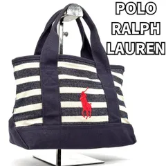 【夏映えマリン可愛い】　POLO RALPH LAUREN ポロラルフローレン　ハンドバッグ ミニトート ポロ刺繍 キャンバス ボーダー ランチサイズ レディース　ネイビー×ホワイト
