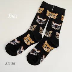 靴下　ソックス　レディース　アニマル柄　動物柄　左右非対称　カラフ　猫　ブラック