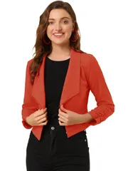 Allegra K ショート ジャケット クロップド ブレザー 前開き オフィス 事務服 無地 レディース オレンジ M