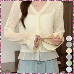 送料無料 ニットカーディガンフリル裾ニットトップス 大人可愛いシアーカーディガン レディース キャンディースリーブ羽織り 通学通勤サマーニットトップス 紫外線対策上着韓国風 日焼け対策夏服無地 シースルー ニット UVケア羽織り薄手