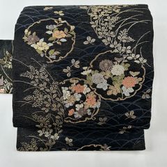 名古屋帯 秀品 夏帯 絽 雪輪 秋草文 金銀糸 箔 青黒 正絹 【中古】
