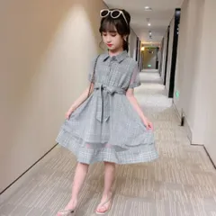 ☆ ブルーグレー ☆ 140cm ☆ ワンピース 女の子 フォーマル ワンピース 女の子 フォーマル 半袖 フォーマルワンピース フォーマルワンピ ワンピ 子供服 子ども服 Aラインスカート チュール Aライン スカート チェック柄 キッズ