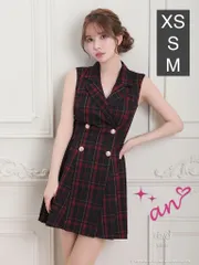 ブラックレッド [AOC3553-BEcheck-2309] XSサイズあり an/ アン/ 襟付き/ チェック/ ジャケット風/ ノースリーブ/ ボタン/ プリーツ/ フレア/ Aライン/ ワンピース/ ミニドレス/ キャバドレス mini dress