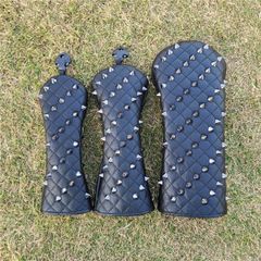 【新品3点セット】シルバーメタルパンクリベットゴルフクラブカバー ヘッドカバー黒