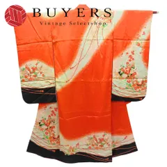 【中古】 子供着物 祝い着 合成繊維 朱色 マルチカラー 女の子 七五三 7歳用 和装 呉服 和服 きもの