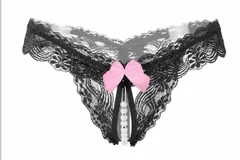 セクシーTバック　ブラック　オープンクロッチ　パール付き　レース紐　紐パン　セクシーランジェリー　フリーサイズ（S～Lサイズ）